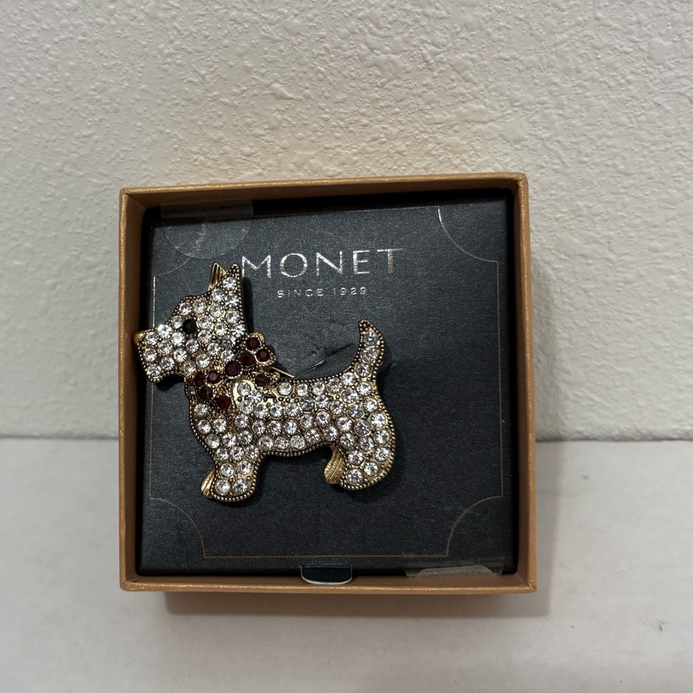 Monet Sparkly Pin Red Rhinestone Bow Scottish Terrier Dog Brooch Signed - Picture 3 of 3